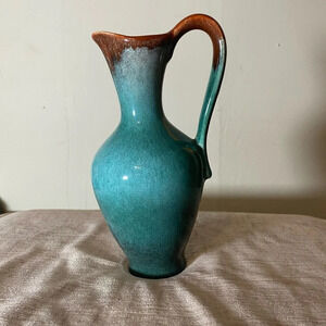 Strehla Import Vintage Small Teal and Brown Glazed Pitcher Vase